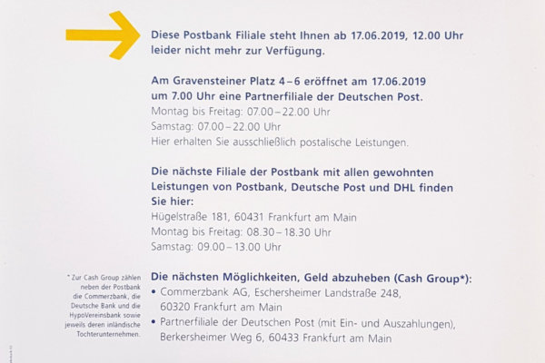 Info zur Schließung der Postbankfiliale